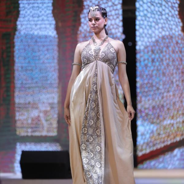 Beige and Black Embroidered Gown