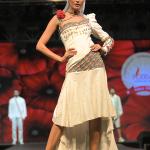 One-shoulder puff sleeve dress with floor-touch trail