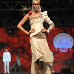 One-shoulder puff sleeve dress with floor-touch trail