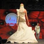 One-shoulder puff sleeve dress with floor-touch trail