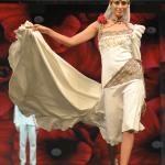 One-shoulder puff sleeve dress with floor-touch trail