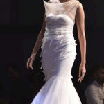 A dubble layer long gown with 3d neck line